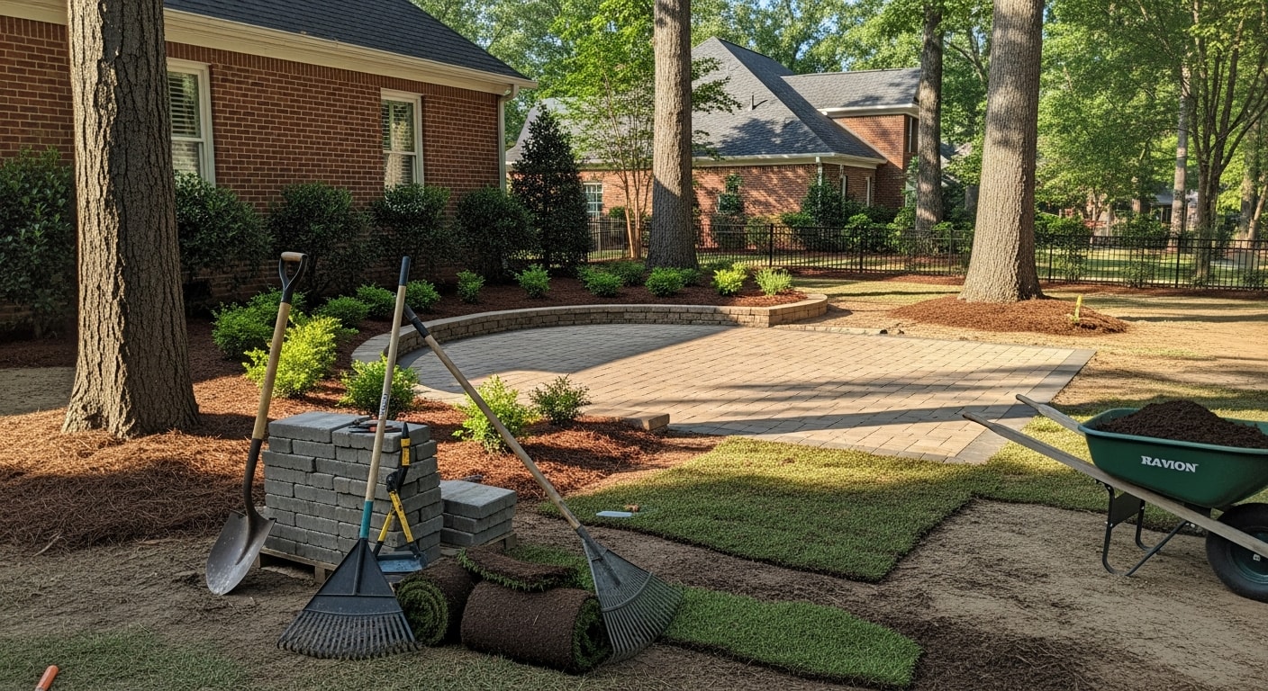 Professional landscape installation with plants and hardscaping
