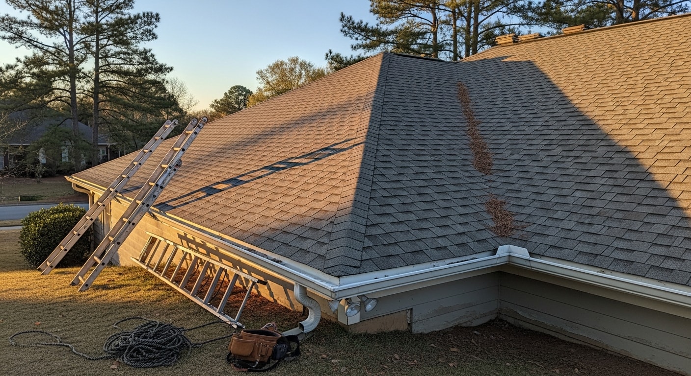 Professional roofer installing residential shingle roofing