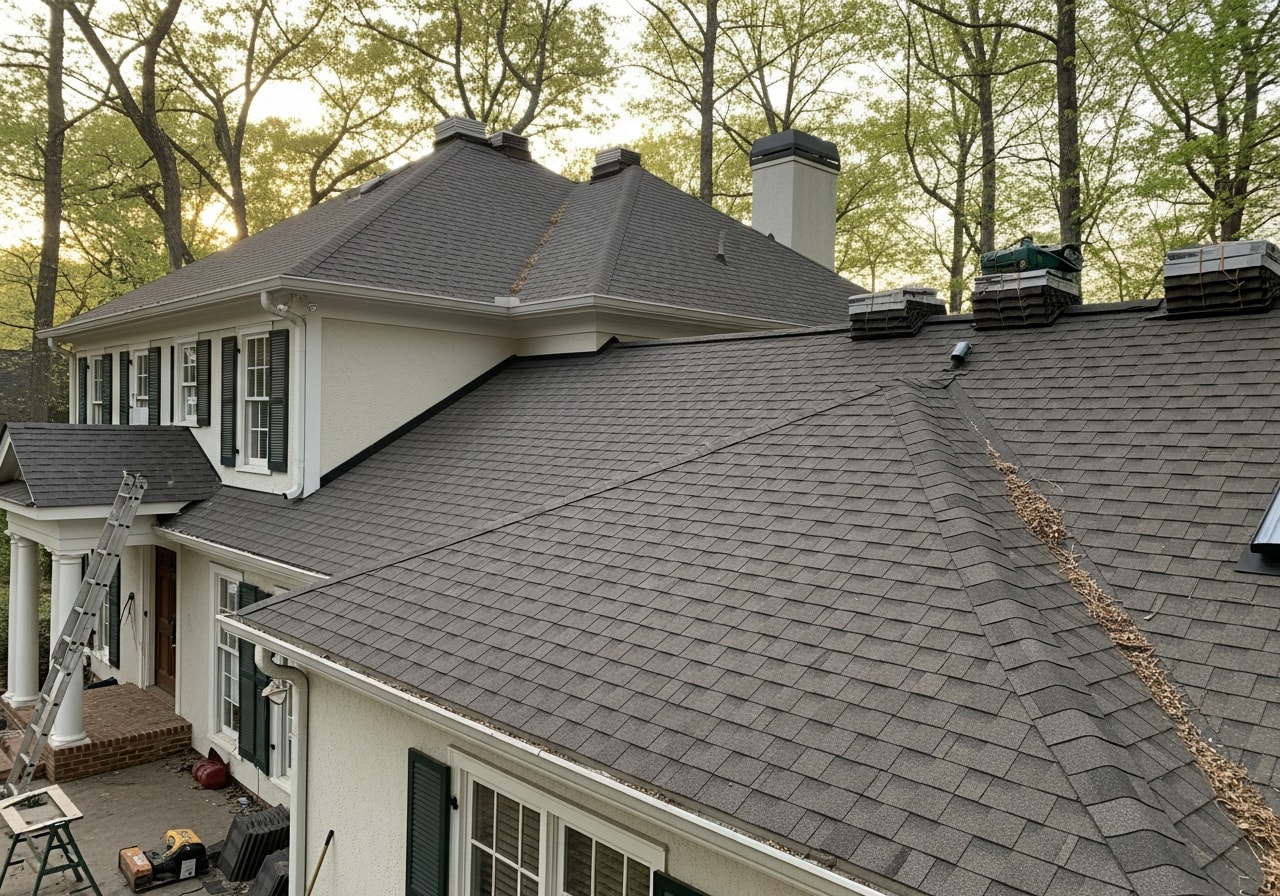 New architectural shingle roof installed on colonial home in Johns Creek, GA