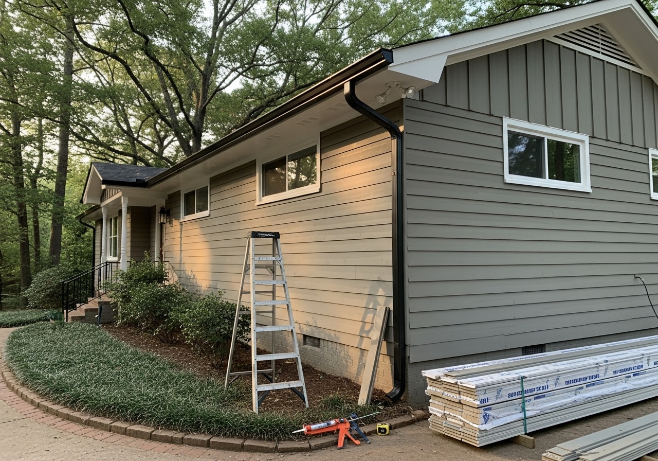 New fiber cement siding and soffit installed on ranch home in Athens, GA