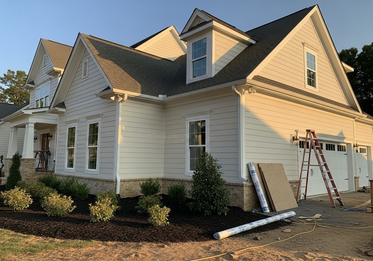 Newly remodeled home exterior with siding, roof, and landscaping in Monroe, GA