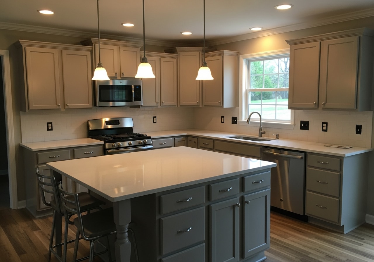 Modern kitchen with island and quartz countertops in Braselton home