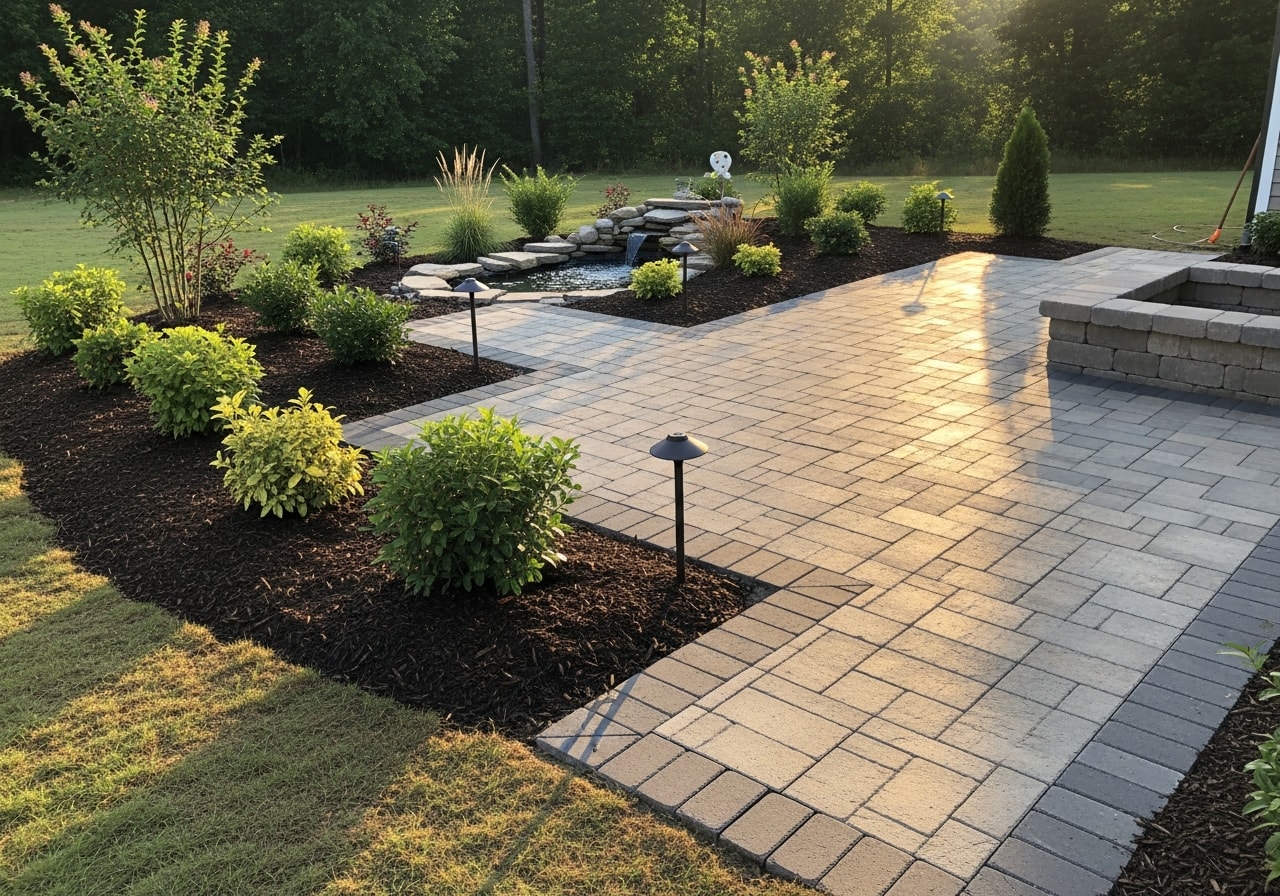 Permeable paver patio and planted beds in backyard landscape in Loganville