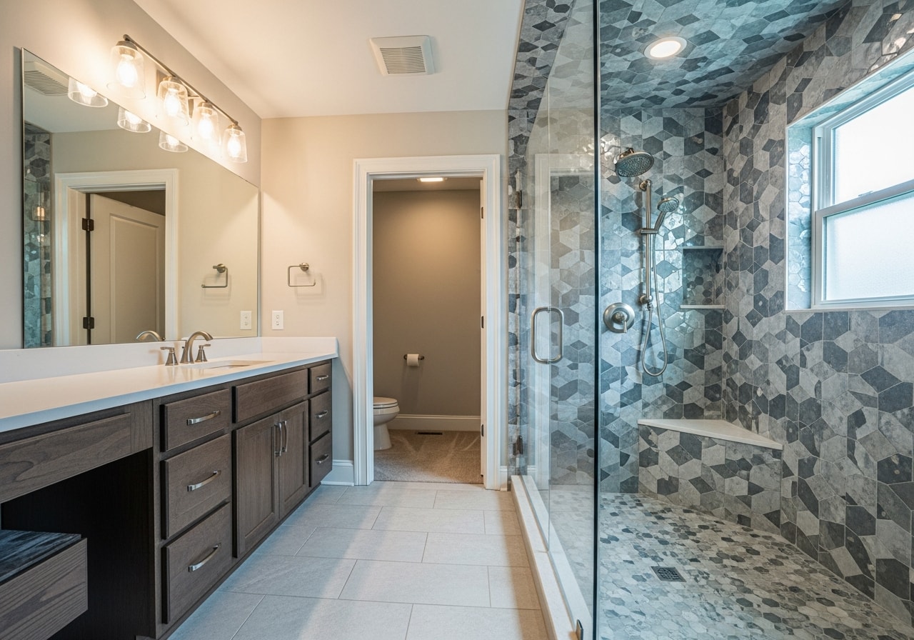 Spa-style master bathroom with walk-in shower and heated floors in Gainesville
