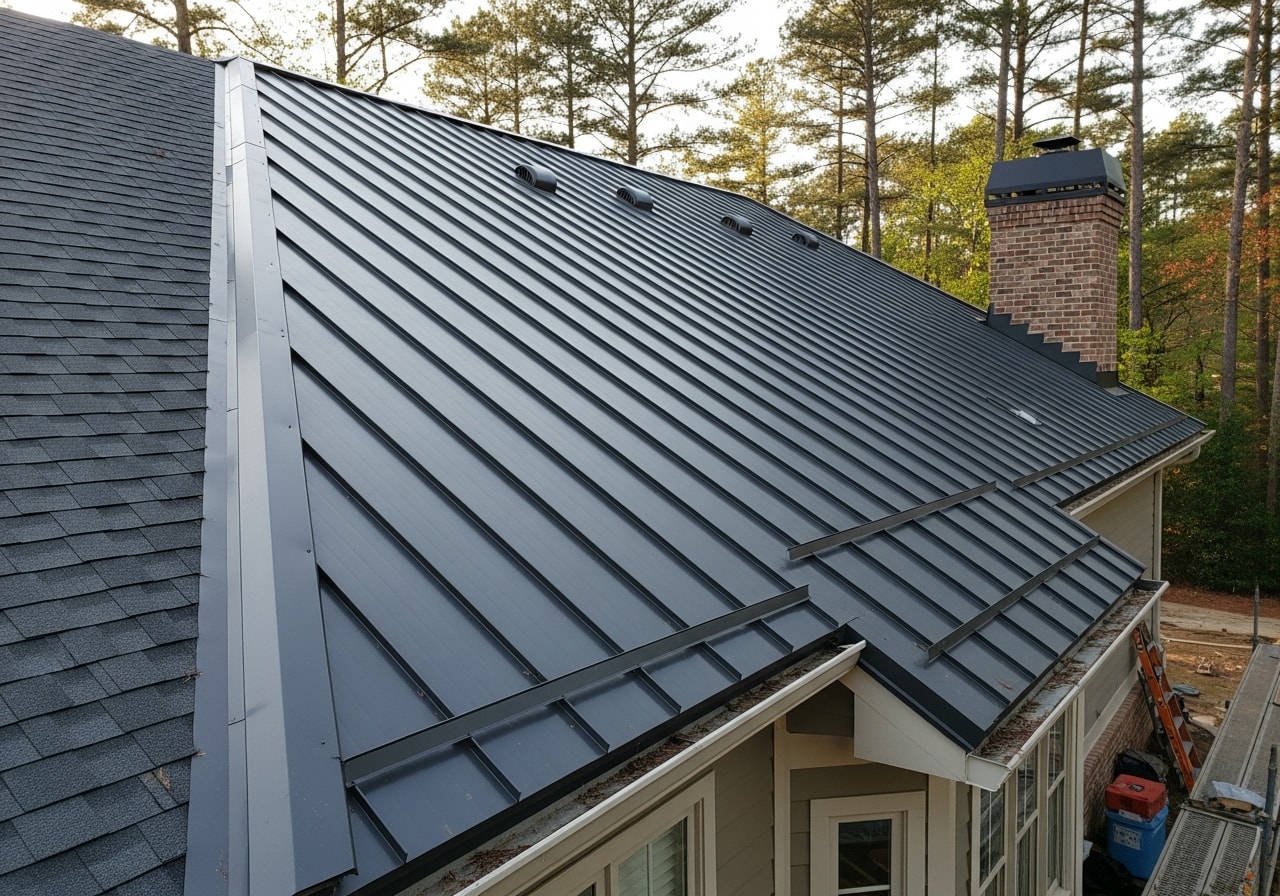 Standing-seam metal roof in charcoal gray on ranch home in Alpharetta
