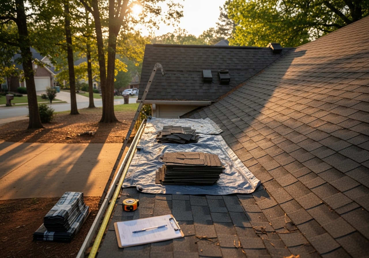 Repaired roof shingles and fascia after storm damage in Lawrenceville, GA