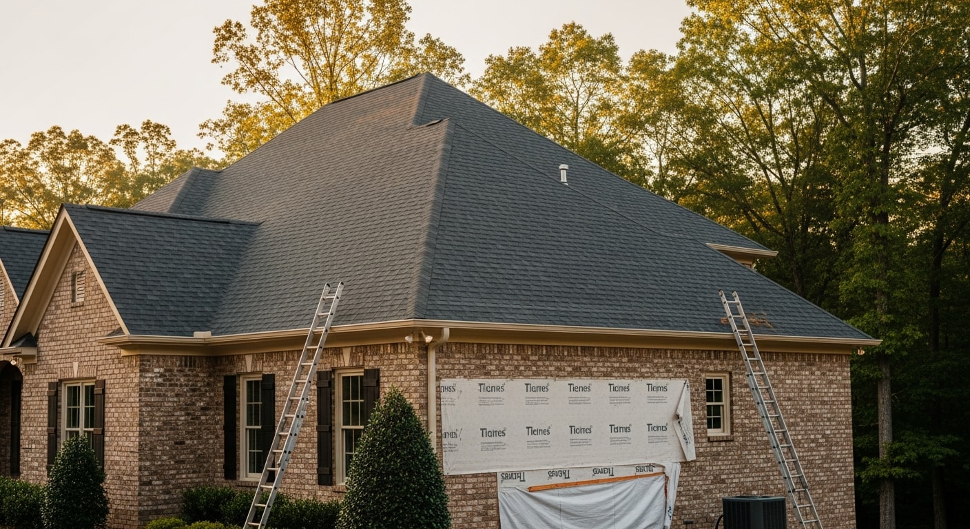 New residential home in Johns Creek with manicured landscaping and brick exterior.