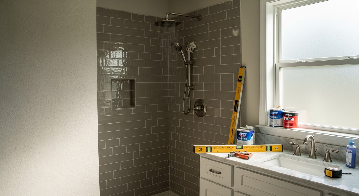 Remodeled bathroom in a Johns Creek, GA home featuring a walk-in tile shower, updated vanity, and new fixtures completed by Impax Contracting. The space shows clean grout lines, recessed lighting, and a frameless glass shower enclosure typical of North Fulton County residential remodels.