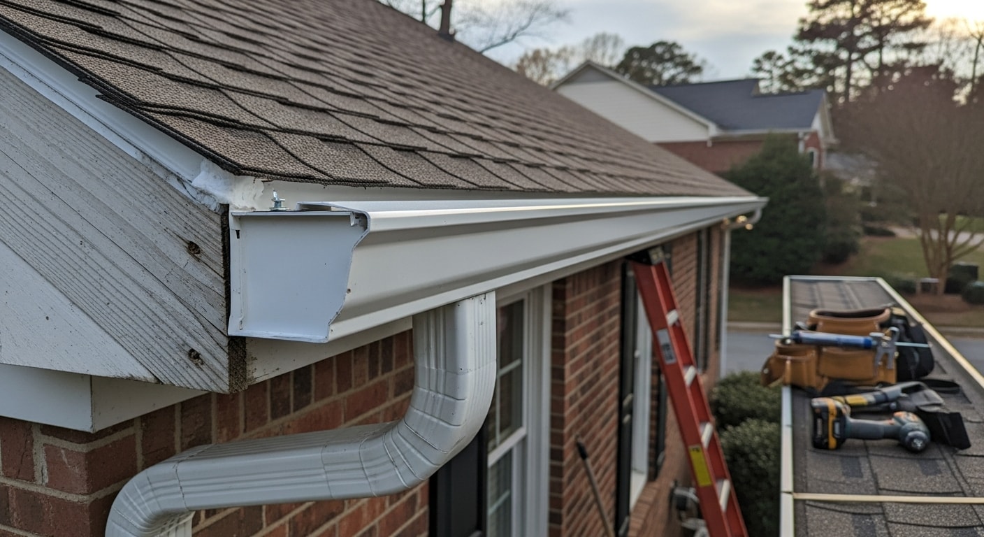 New fascia boards installed along the roofline of a two-story residential home in Johns Creek, GA, showing clean wood framing and properly seated gutters. Close-up view of the finished fascia edge against the roof deck with no visible rot or gaps.