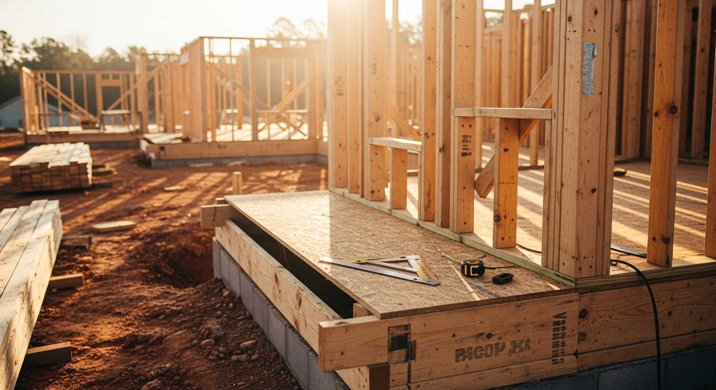 Wood wall framing in progress on a residential addition in Johns Creek, GA, showing vertical studs, window rough openings, and a partially completed exterior wall structure. A general contractor reviews framing layout against printed construction plans on site.