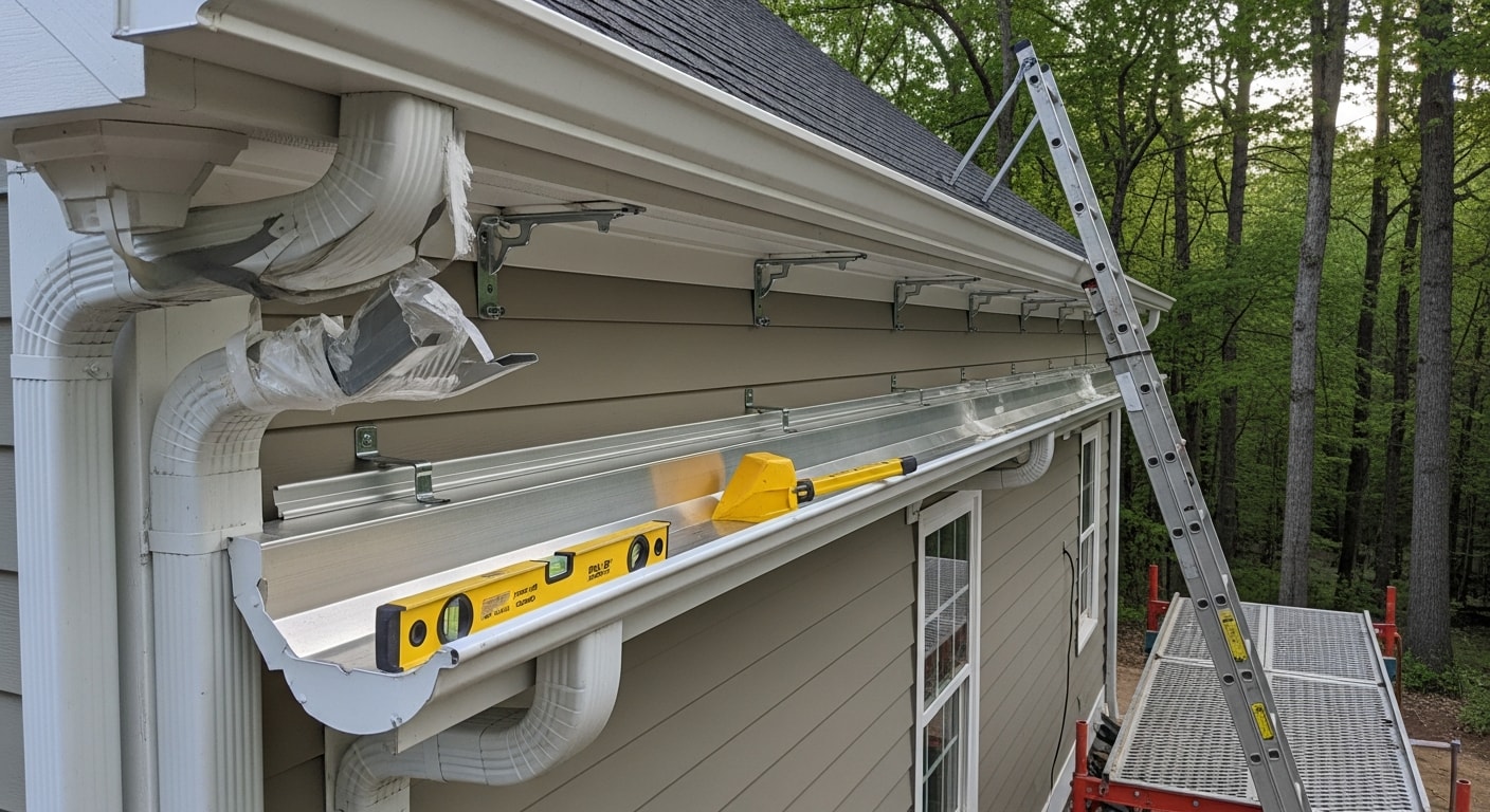 Newly installed gutters and downspouts on a two-story residential home in Johns Creek, GA, with clean fascia boards and downspouts directed away from the foundation. Close-up view shows properly pitched gutter sections and secure bracket spacing along the roofline.