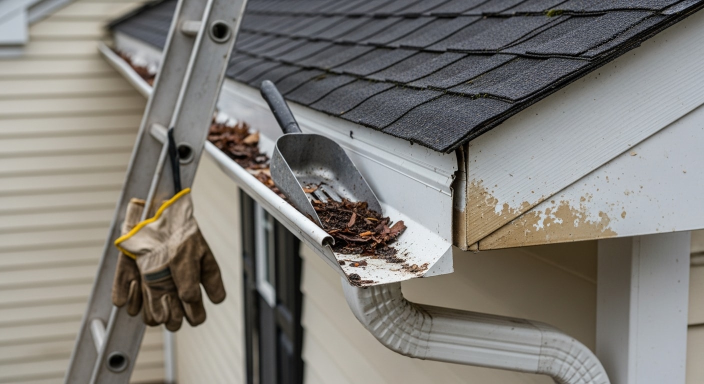 A repaired residential gutter system on a two-story brick home in Johns Creek, GA, with water flowing cleanly through a downspout away from the foundation. Close-up view shows resealed joints and properly secured gutter hangers along the roofline.