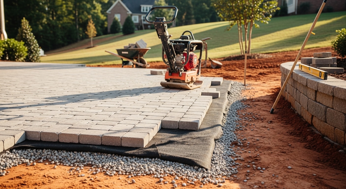 A newly installed paver patio with a stone retaining wall in a residential backyard in Johns Creek, GA, set against a sloped yard with mature trees. The hardscape includes a defined seating area and a clean stone walkway connecting to the rear of the home.