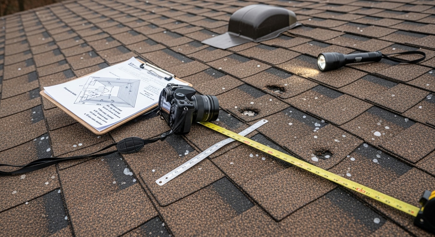 A Johns Creek residential roof showing hail impact marks and lifted shingles after a storm, with a roofing contractor documenting damage on the slope for an insurance claim inspection.