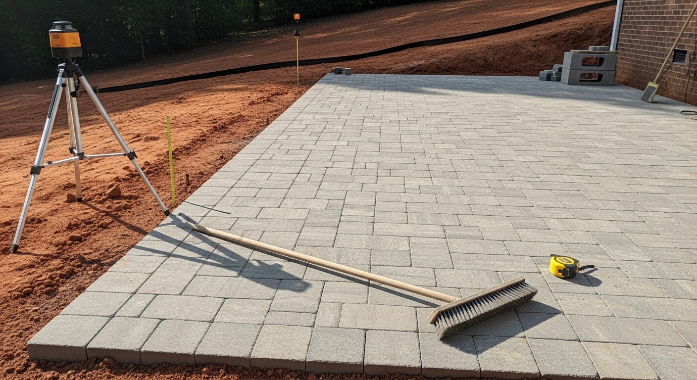A finished outdoor patio installed by Impax Contracting in a residential backyard in Johns Creek, GA, featuring a level hardscape surface with clean edge lines set against a tree-lined yard. The patio includes a defined seating area with surrounding lawn and mature landscaping typical of North Fulton County properties.