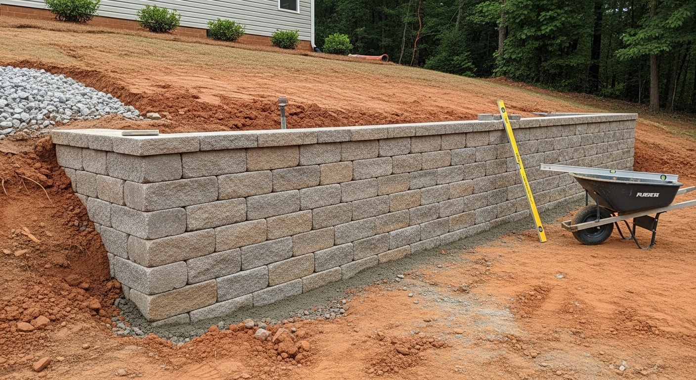A newly installed multi-tiered retaining wall on a sloped residential backyard in Johns Creek, GA, built with segmental block and gravel backfill. The wall creates two level planting terraces on a clay-soil hillside typical of North Fulton County properties.