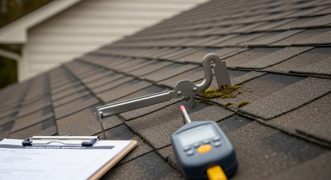 A roofing contractor from Impax Contracting inspecting shingles and flashing on a residential roof in Johns Creek, GA. Close-up view shows a detailed examination of a roof valley on a suburban home with mature tree coverage in the background.