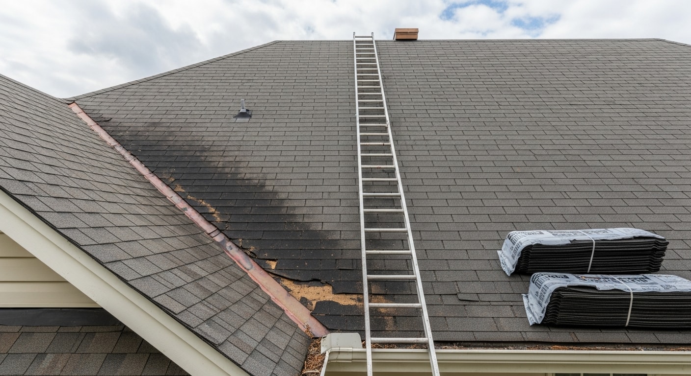 A roofing contractor from Impax Contracting inspecting and repairing damaged shingles on a residential roof in Johns Creek, GA. Close-up view shows replaced flashing and secured shingles on a pitched suburban home roof.