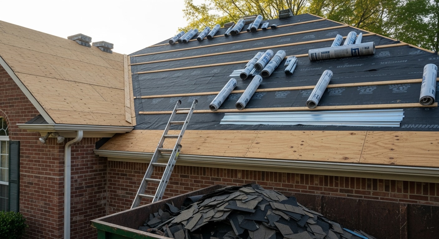 A completed residential roof replacement on a two-story home in Johns Creek, GA, showing new architectural shingles, clean ridge line, and updated flashing around the chimney. The finished roof is photographed from the front yard with the home's suburban landscaping visible in the foreground.