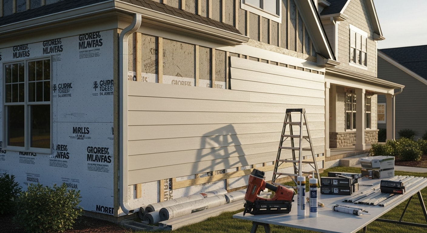 A Johns Creek, GA home with newly installed siding showing clean panel lines, fresh trim, and no visible gaps or warping along the exterior walls. The finished exterior reflects a complete replacement by Impax Contracting.