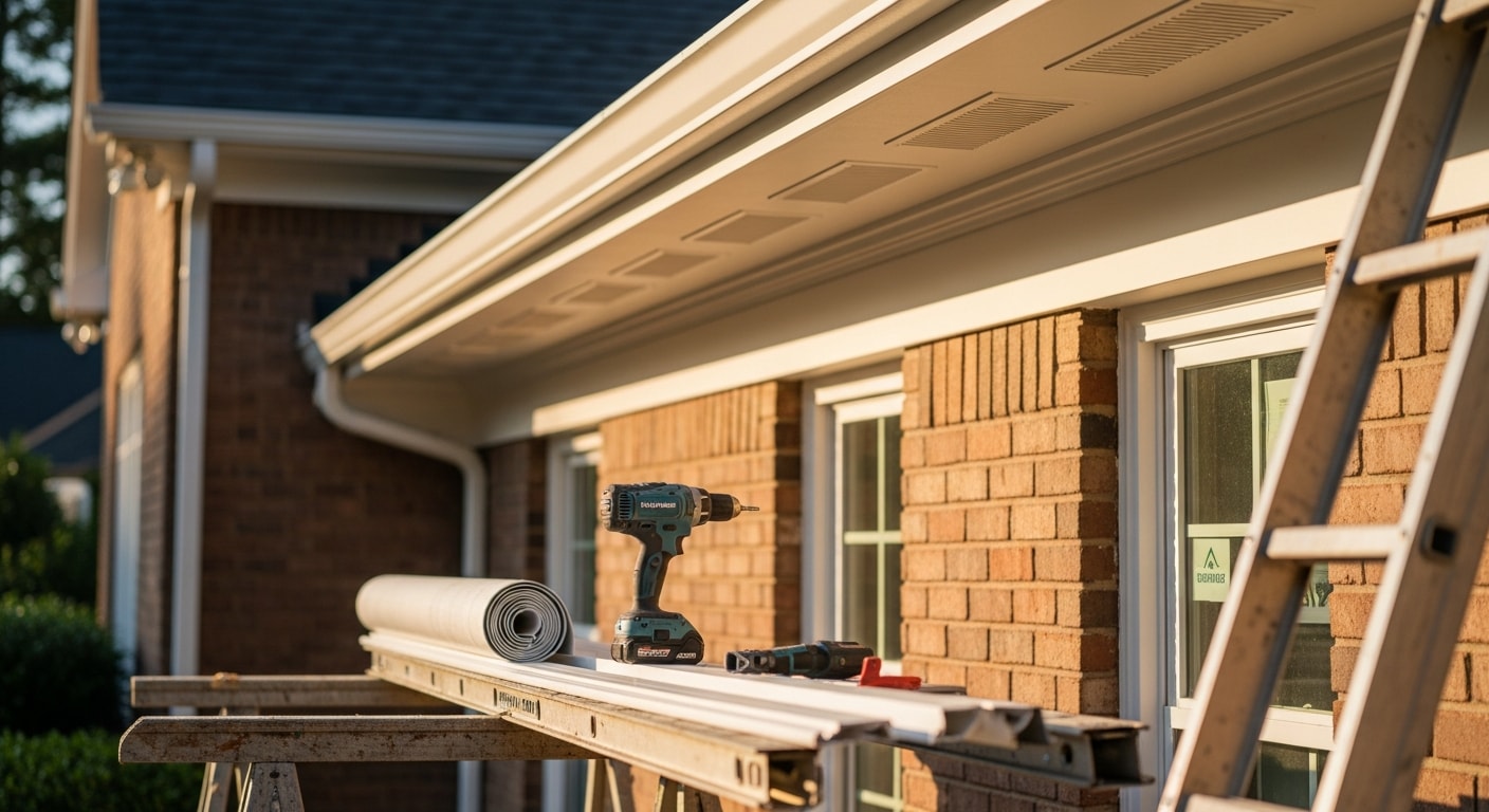 Freshly installed vented soffit panels along the roofline overhang of a single-family home in Johns Creek, GA. The panels are evenly fitted beneath the eaves with clean trim edges visible against the exterior siding.