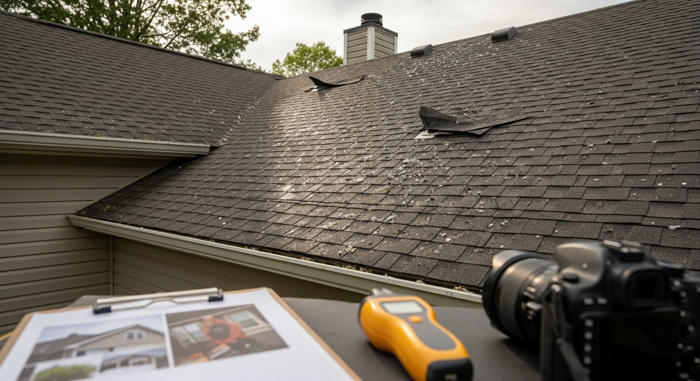 A Johns Creek residential roof showing storm damage with missing shingles and exposed decking after a severe weather event. An Impax Contracting crew member inspects the damaged slope up close during a post-storm assessment.